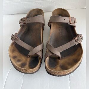 Birkenstock Mayari Birkibuc Sandals Toe Loop Womens 6 Mocha BirkoFlor Regular 40